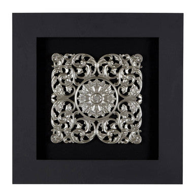 Nason framed silver mdf filigree carving wall art with intricate floral scrollwork in a black square frame