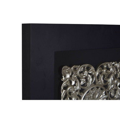 Silver ornate metal fireplace screen with intricate scrollwork design resembling nason framed silver mdf wall art