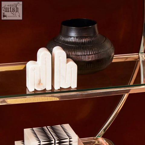 Nason set of 2 white marble bookends with smooth polished finish and distinctive geometric design for stylish decor