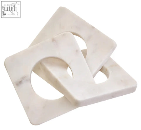 Square white marble coasters with central circular cutout from nason white marble three link chain set