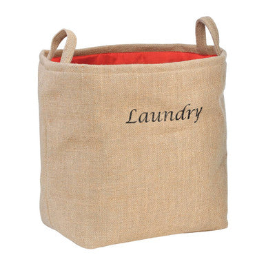 Beige linen jute hessian laundry bag with red interior and black embroidered laundry text for home use