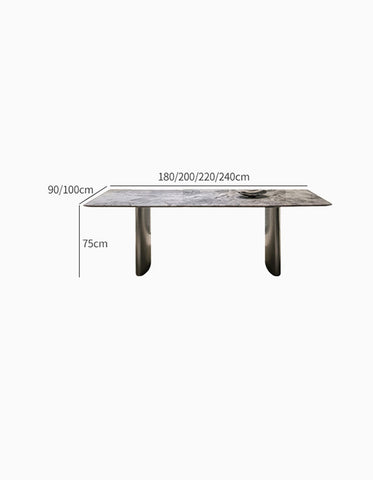 Modern rectangular natural marble dining table with gray marble top and polished metal legs perfect for dining room