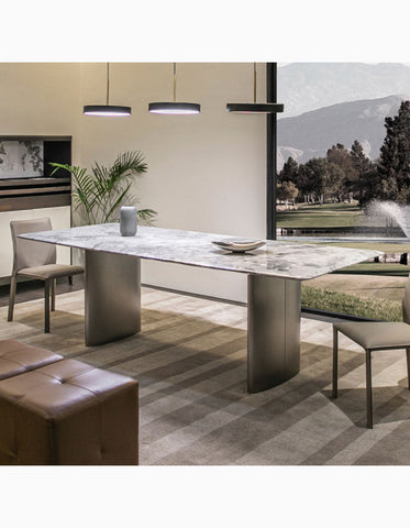Modern rectangular dining table with polished natural marble top and sleek curved metallic legs for dining table use