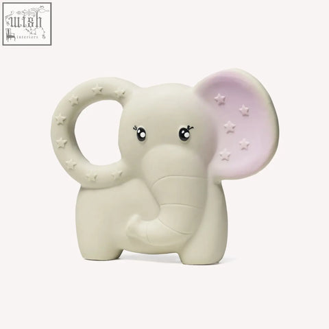 Natural rubber elephant teether in off-white with pink star ear made with food grade dyes and hand crafted details