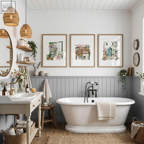 White freestanding bathtub with black faucet and beige towel in a nature canvas wall art flower shop illustration set of 3