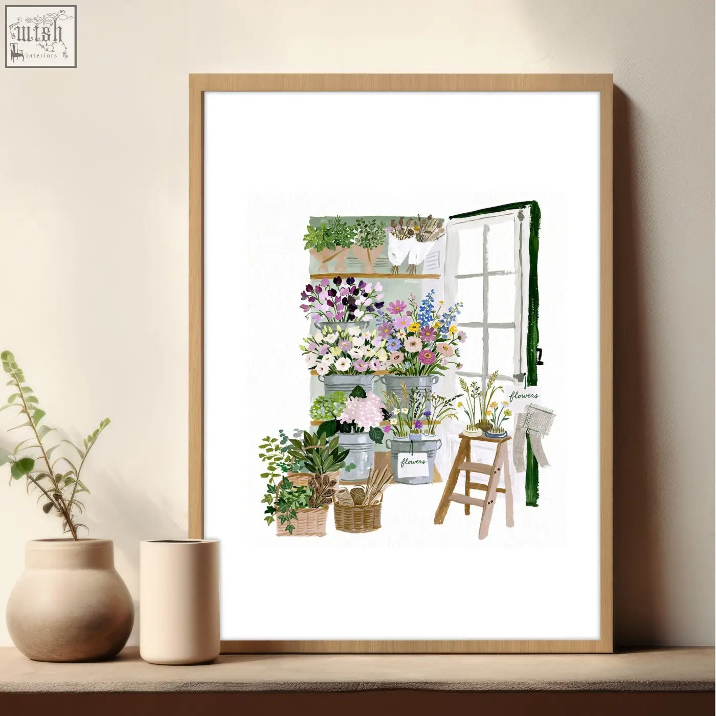 A framed watercolor flower shop illustration with vibrant blooms in metal buckets for nature canvas wall art set