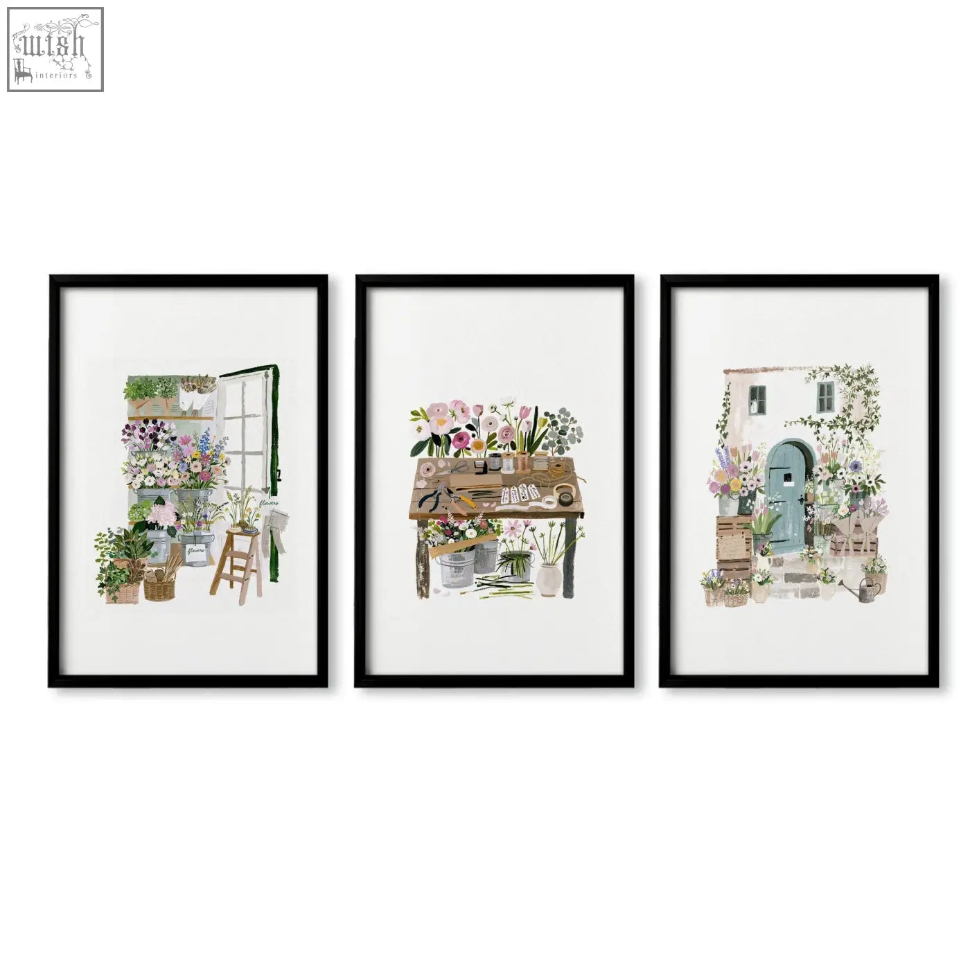 Set of three black-framed nature canvas wall art prints featuring flower shop scenes and botanical illustrations