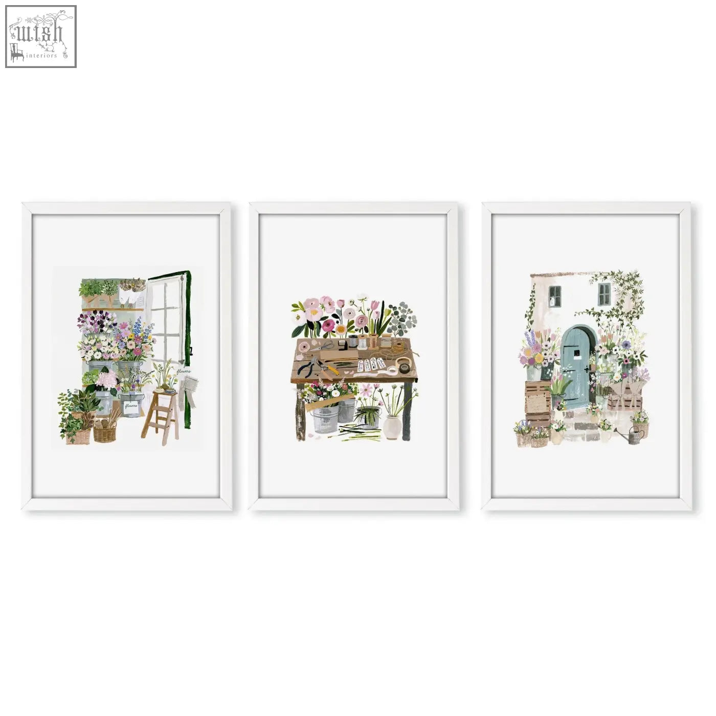 Set of three white-framed watercolor floral wall art prints featuring garden scenes for nature canvas wall decoration