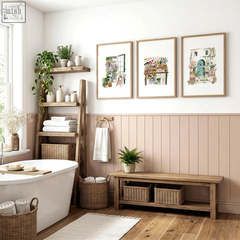 A rustic wooden ladder shelf with white ceramic bottles and green plants beside nature canvas wall art flower shop illustrations