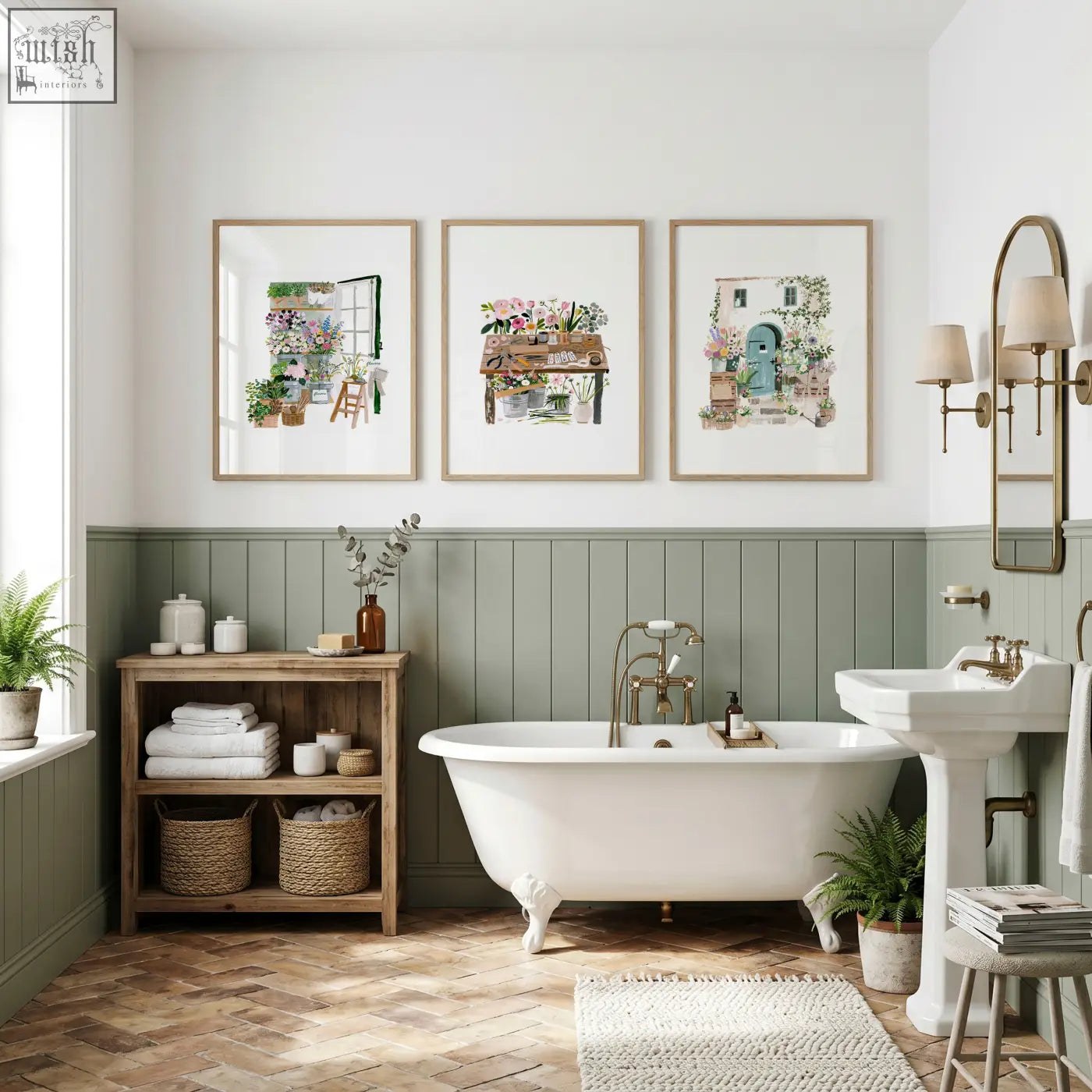 White clawfoot bathtub with brass fixtures in nature canvas wall art flower shop botanical illustrations set of 3