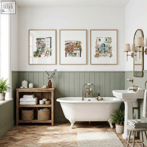 White clawfoot bathtub with brass fixtures in nature canvas wall art flower shop botanical illustrations set of 3