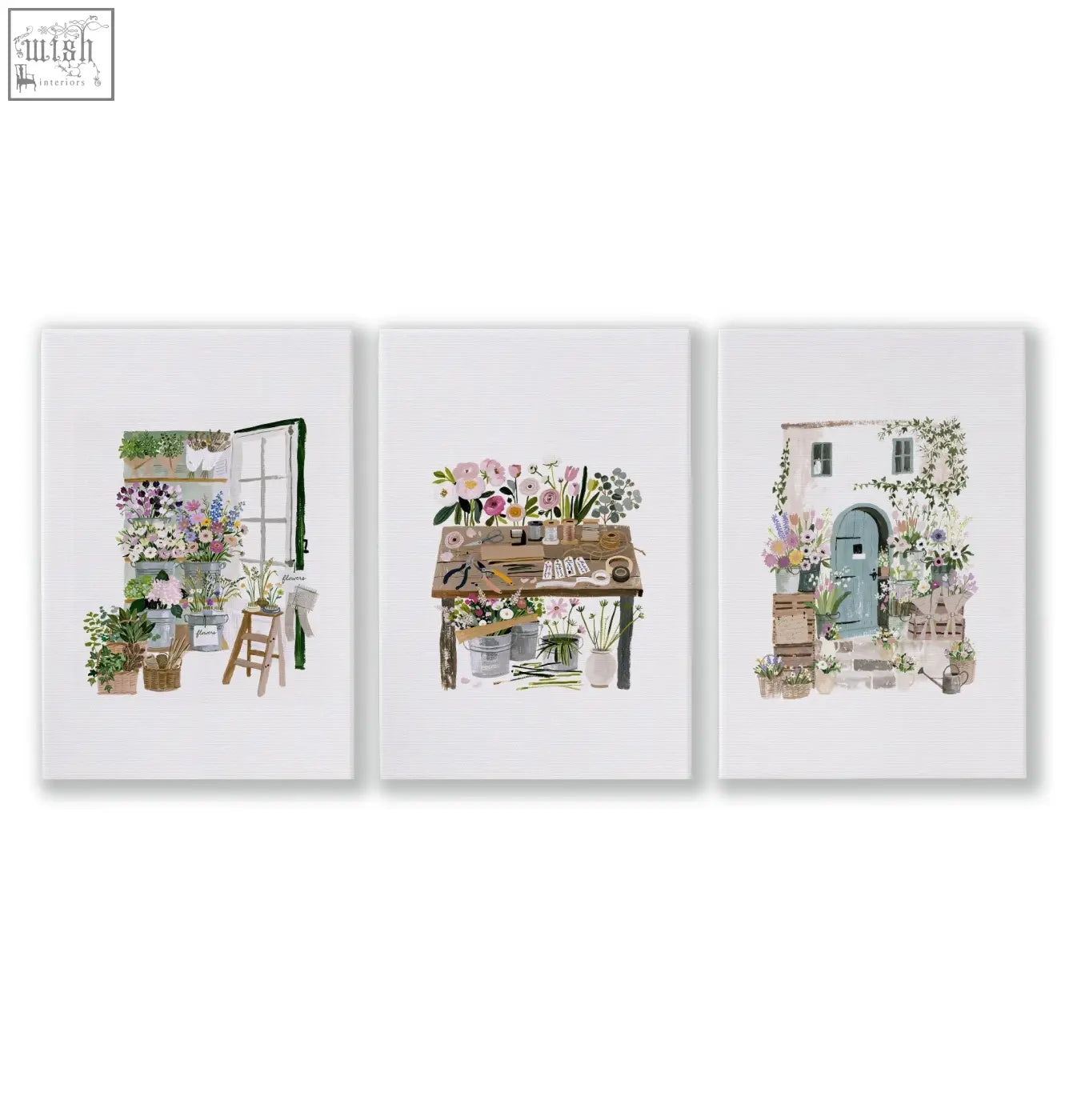 Set of three floral wall art prints in soft watercolor tones featuring rustic garden scenes for flower shop decor nature canvas wall