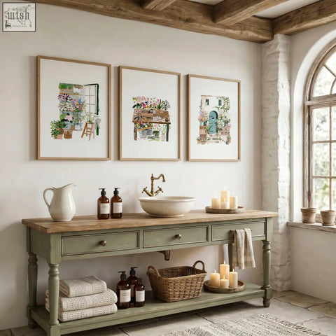 Green wooden console table with natural wood top white ceramic basin and brass faucet in flower shop wall art setting