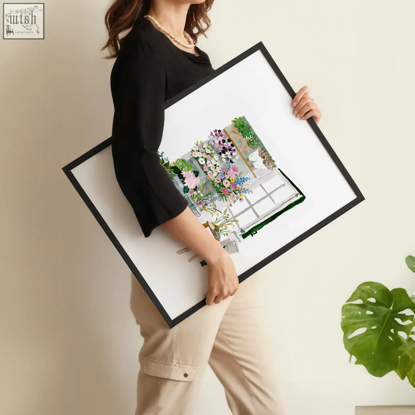 Black-framed nature canvas wall art featuring vibrant flower shop illustrations around an open window in a set of 3
