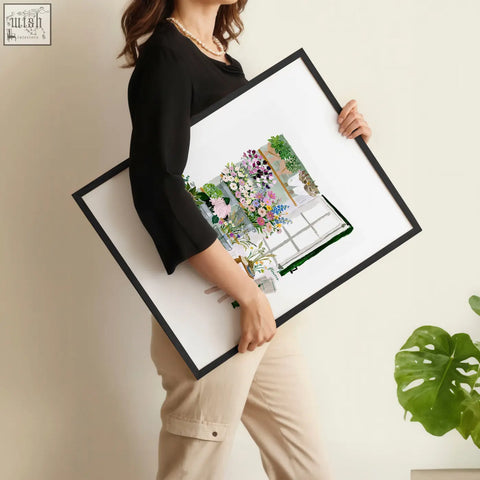 Black-framed nature canvas wall art featuring vibrant flower shop illustrations around an open window in a set of 3
