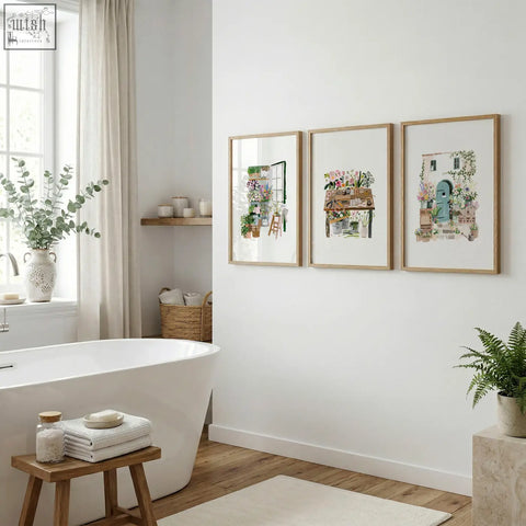 Three framed botanical watercolor prints in light wood frames for flower shop nature canvas wall art set of 3