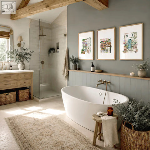White freestanding bathtub with curved design and polished brass fixtures in nature canvas wall art flower shop set