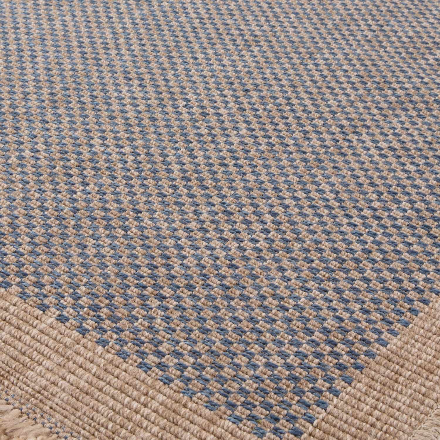 Beige and blue woven nature outdoor rug with textured herringbone pattern perfect for outdoor use