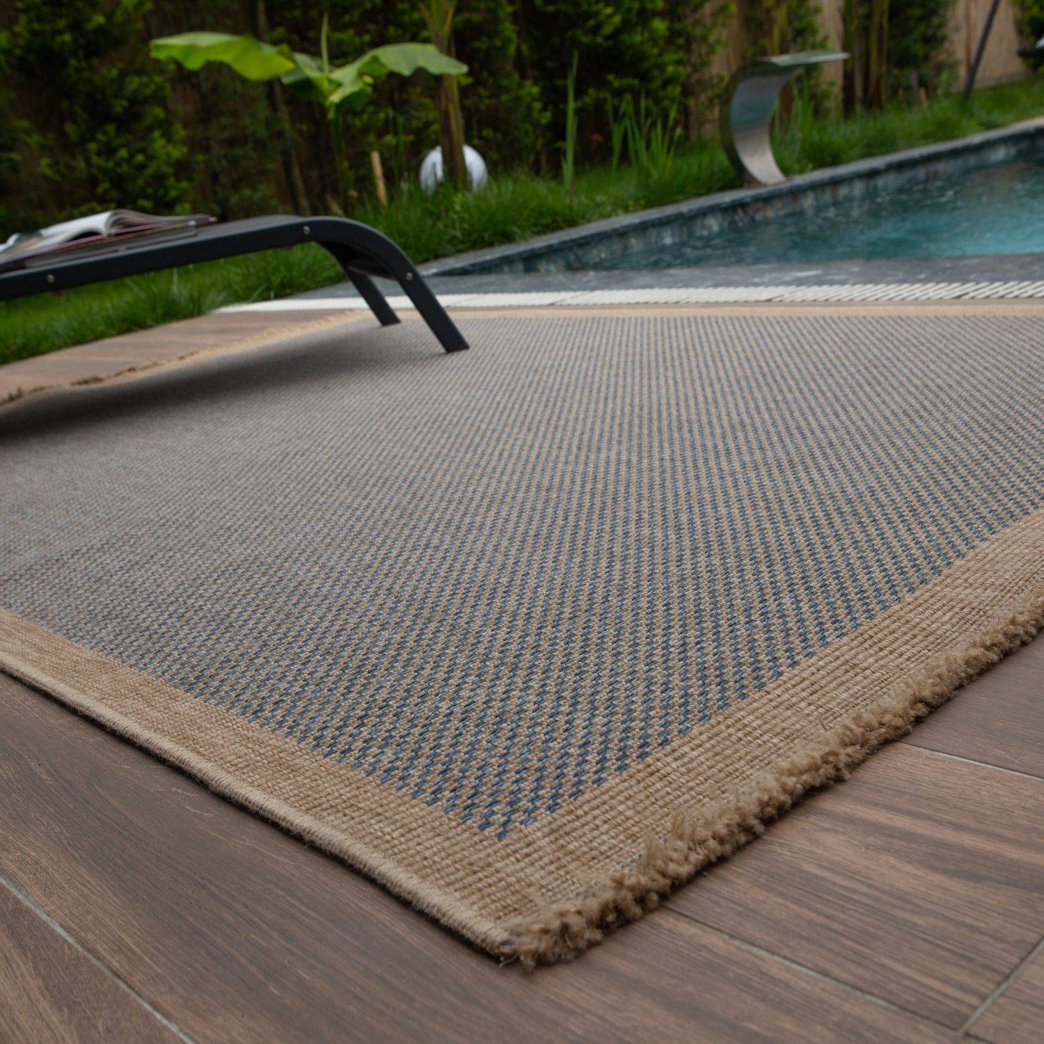 Nature outdoor rug beige woven with textured diamond pattern and frayed edges perfect outdoor rug option