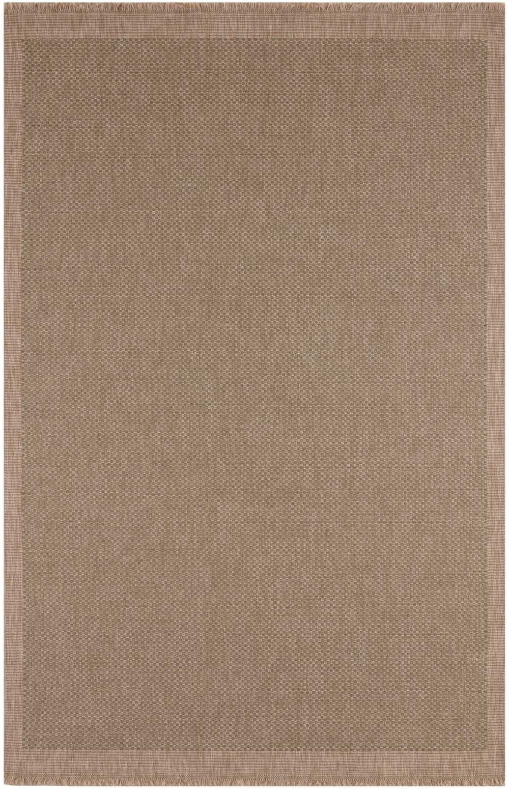 Beige woven nature outdoor rug green with textured tightly interlaced pattern and fringed edges for outdoor use