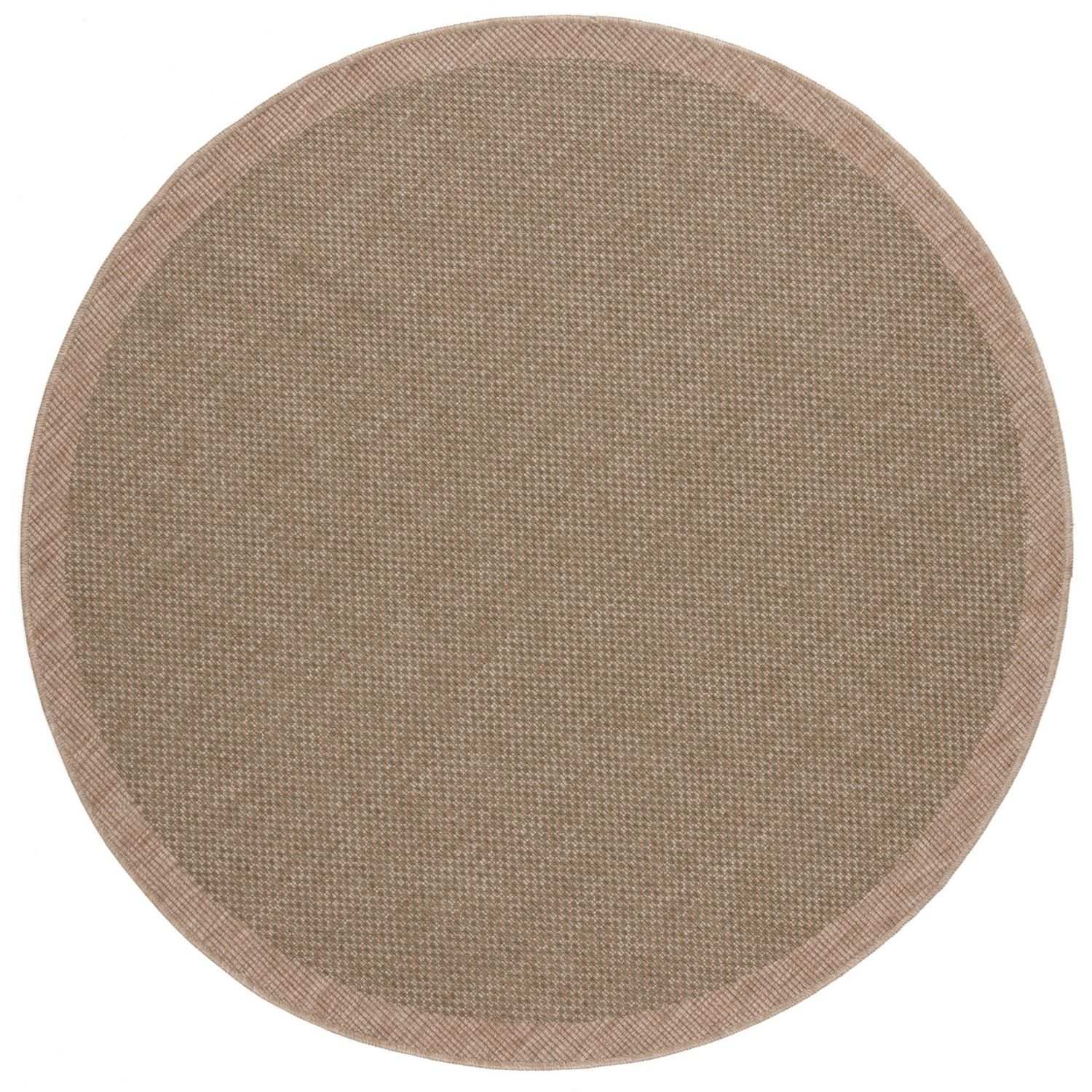 Beige round nature outdoor rug with woven texture and subtle border perfect as outdoor rug green option