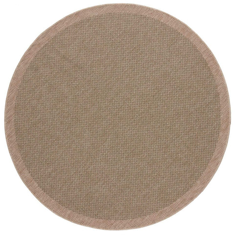 Beige round nature outdoor rug with woven texture and subtle border perfect as outdoor rug green option