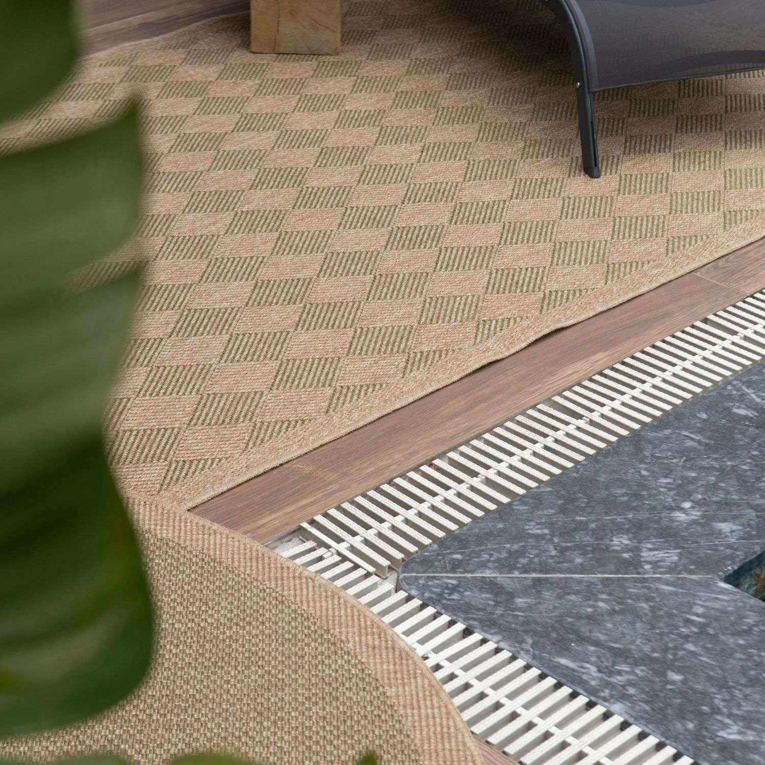 Beige woven nature outdoor rug green with diamond pattern and natural fiber texture perfect for outdoor use