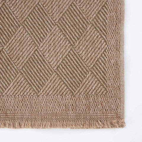 Beige woven nature outdoor rug green with herringbone pattern and fringed edges for outdoor use