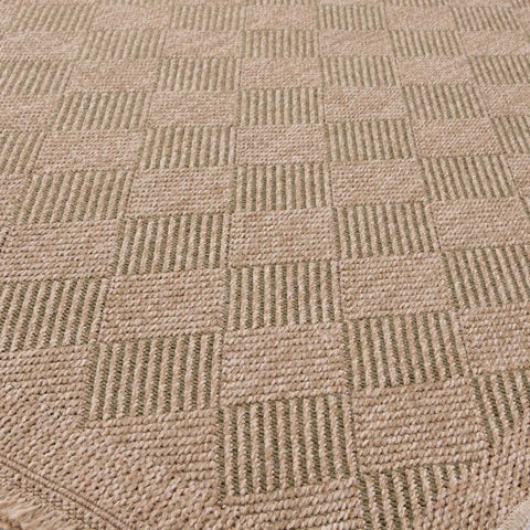 Beige woven nature outdoor rug with textured checkered pattern perfect as an outdoor rug green option