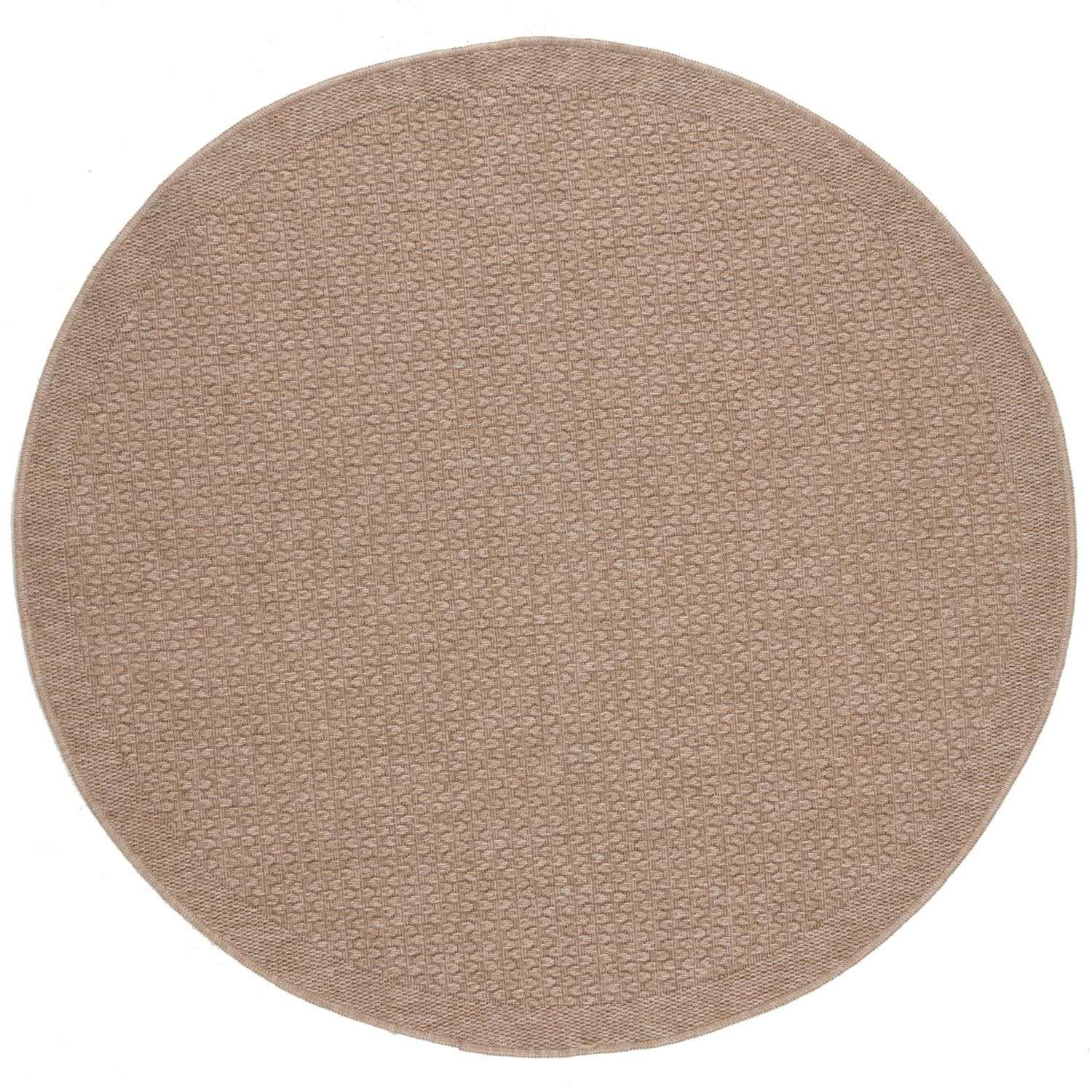 Beige round nature outdoor rug with a textured woven pattern perfect as an outdoor rug neutral option