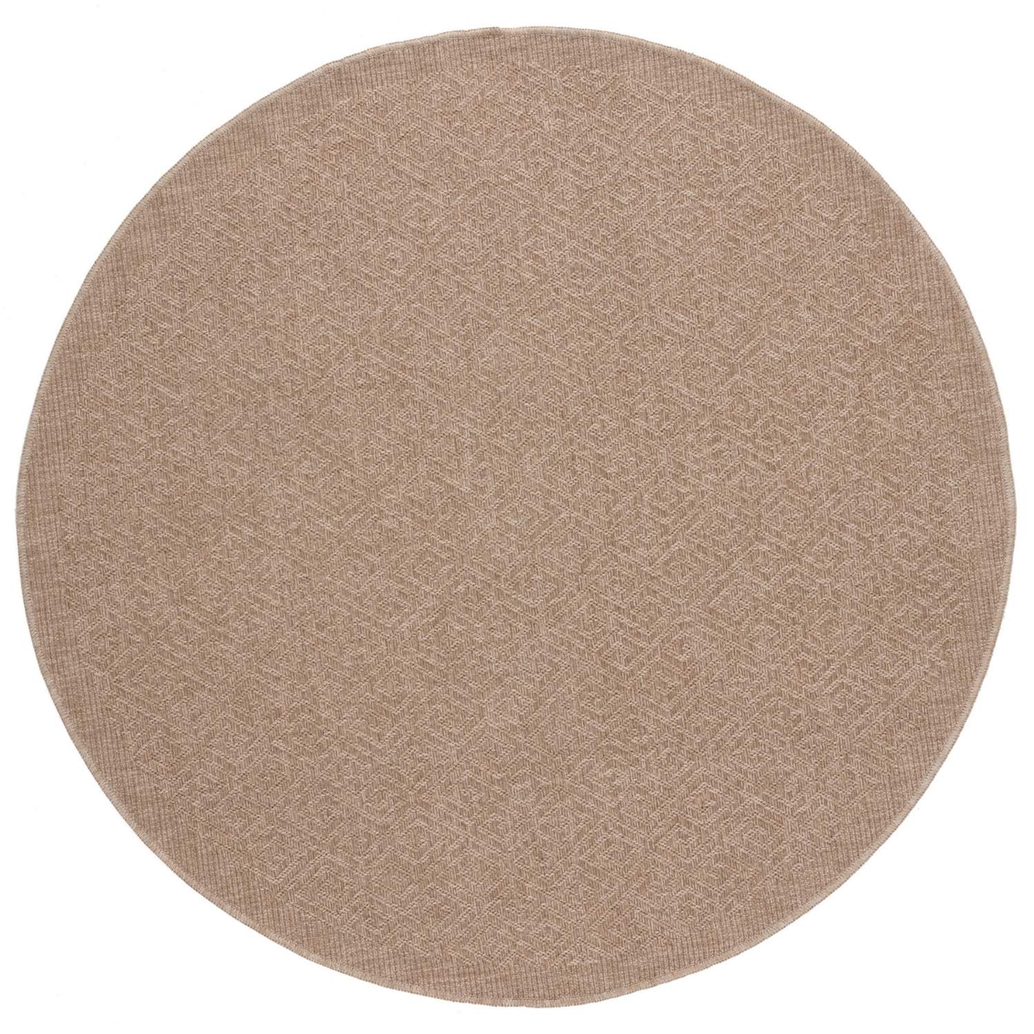 Beige round nature outdoor rug with subtle woven geometric pattern ideal as an outdoor rug neutral option