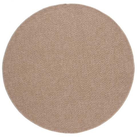 Beige round nature outdoor rug with subtle woven geometric pattern ideal as an outdoor rug neutral option