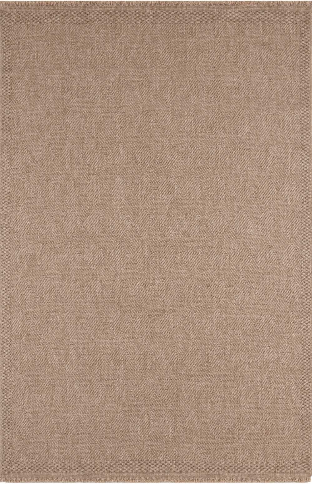 Beige herringbone-patterned woven nature outdoor rug with fringed edges in a neutral outdoor rug neutral style