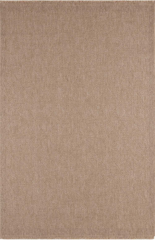 Beige herringbone-patterned woven nature outdoor rug with fringed edges in a neutral outdoor rug neutral style