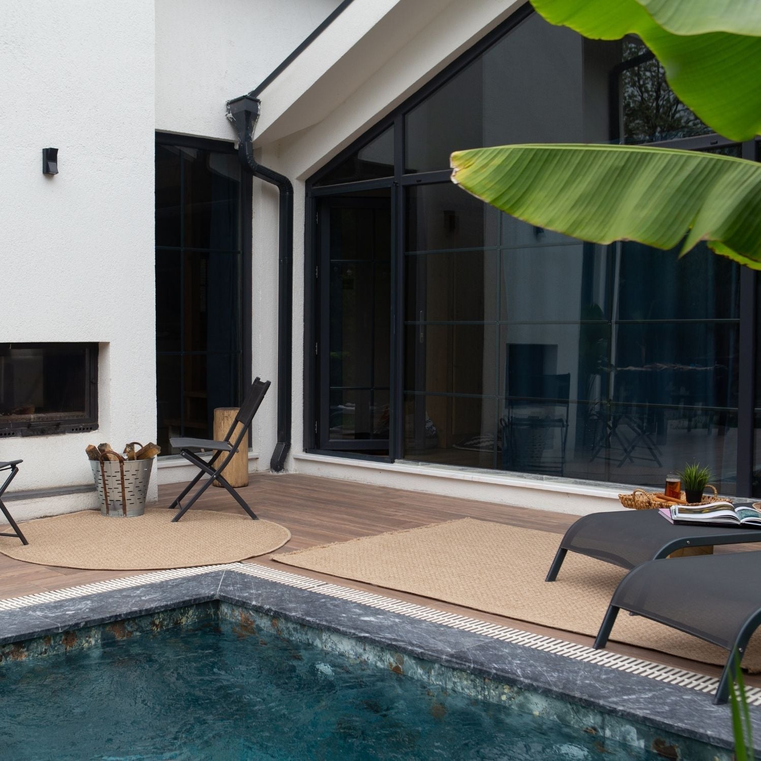 Black-framed sliding glass doors with reflective surfaces showcasing modern architecture near nature outdoor rug neutral 5300n
