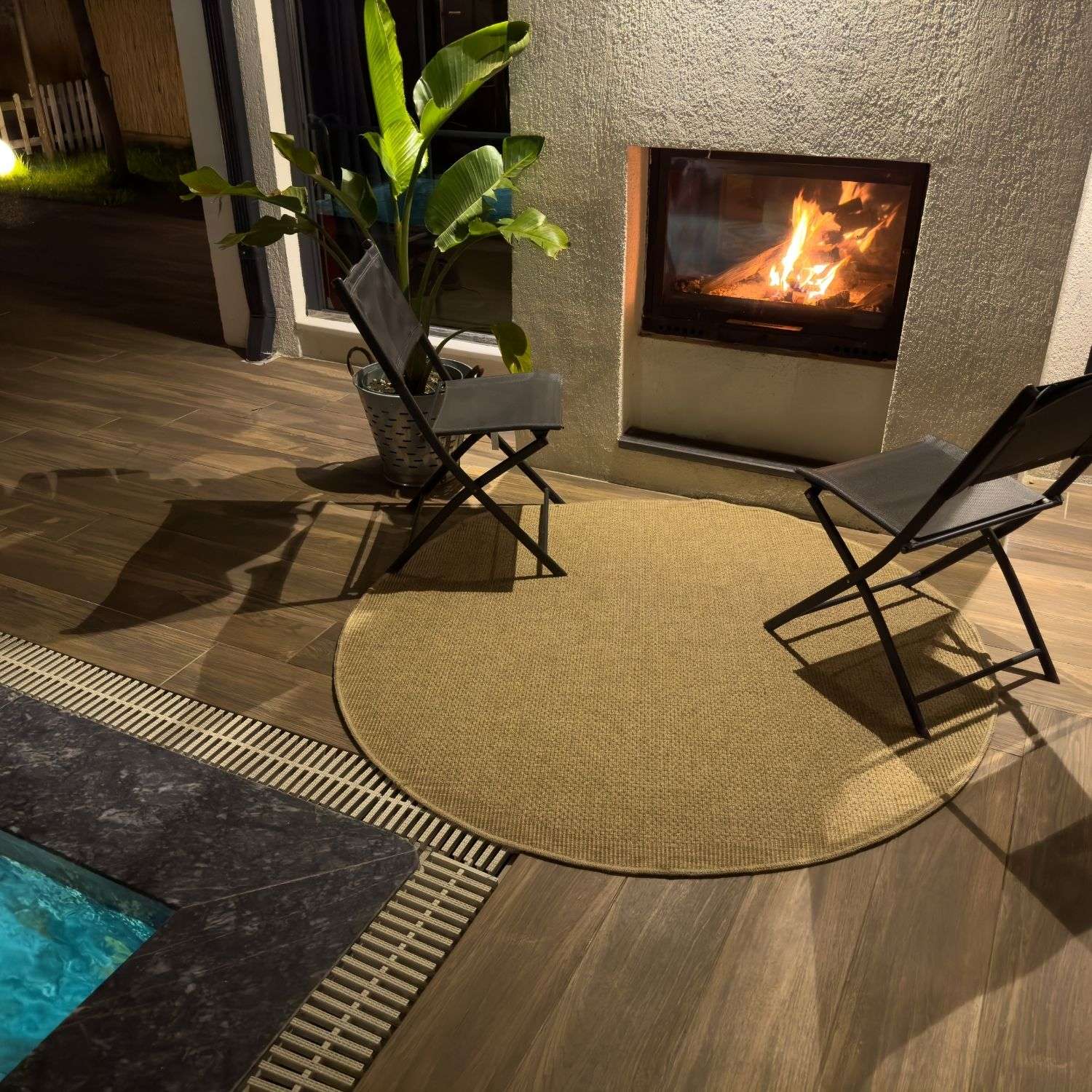 Round beige woven nature outdoor rug neutral perfect for outdoor use with a durable natural texture