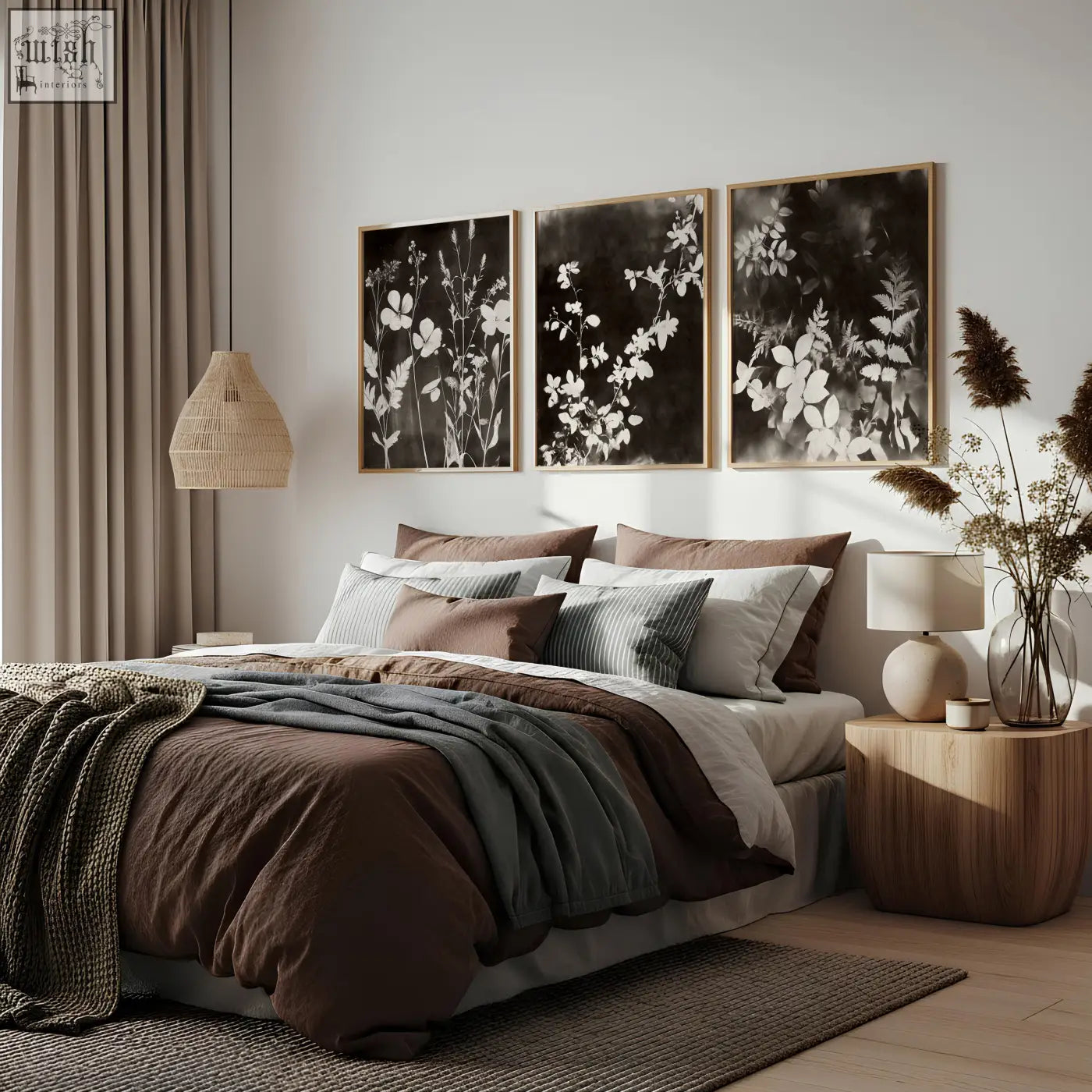 Three framed black-and-white botanical art prints with dark brown-black thin wooden frames hang above the bed