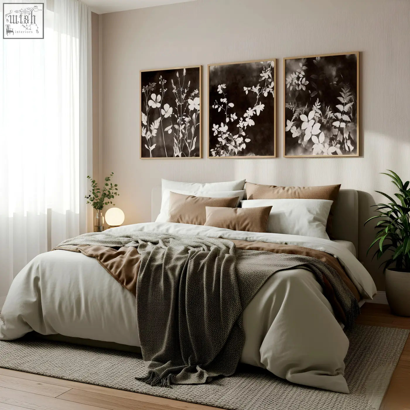 Set of 3 nature painting art prints with white floral silhouettes on dark brown black backgrounds in light wood frames