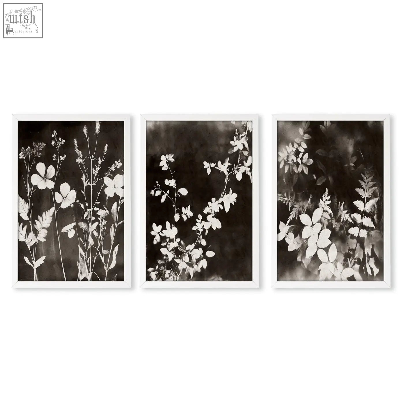 Set of three framed nature painting art prints with delicate black and white floral silhouettes on dark brown-black backgrounds