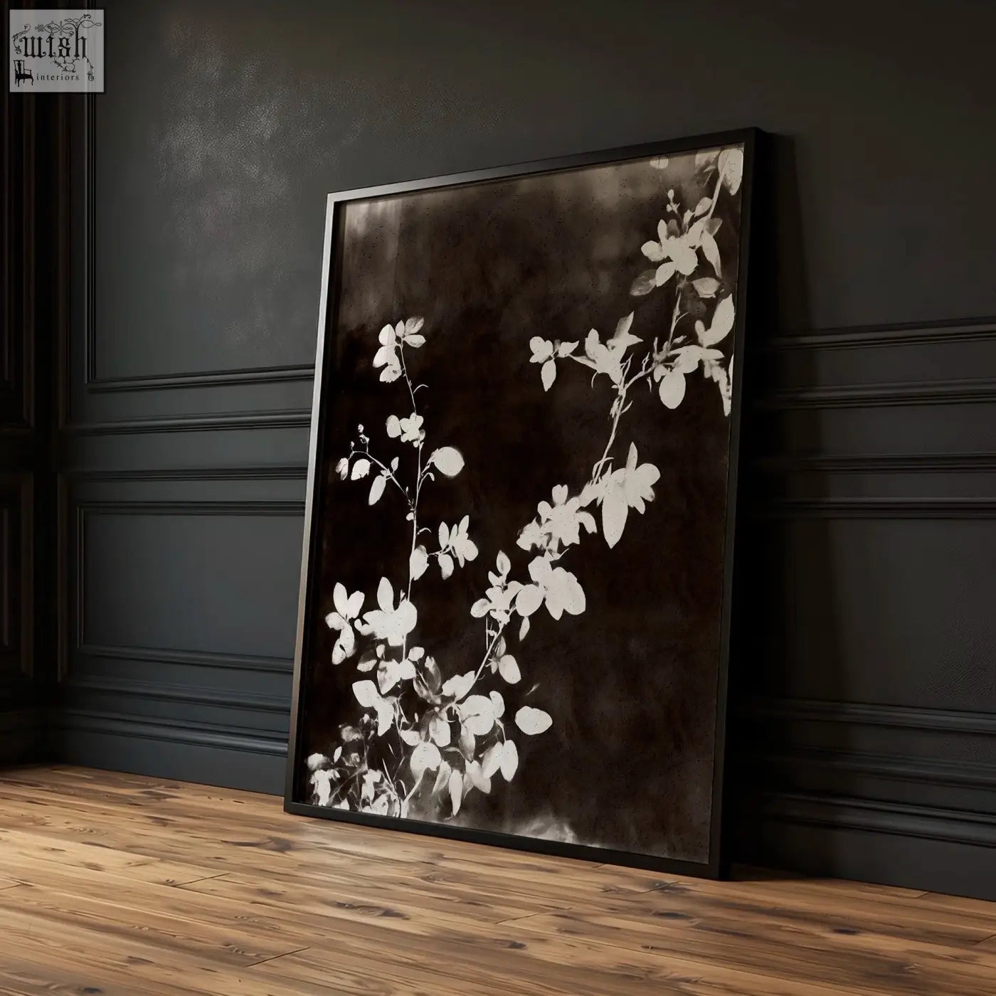 Black-framed nature painting art prints with white floral silhouettes on dark brown-black textured background set of 3