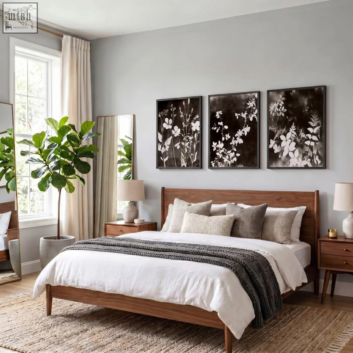 Wooden bed with natural finish and solid wood frame paired with dark brown-black nature painting art prints set of 3