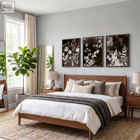 Wooden bed with natural finish and solid wood frame paired with dark brown-black nature painting art prints set of 3