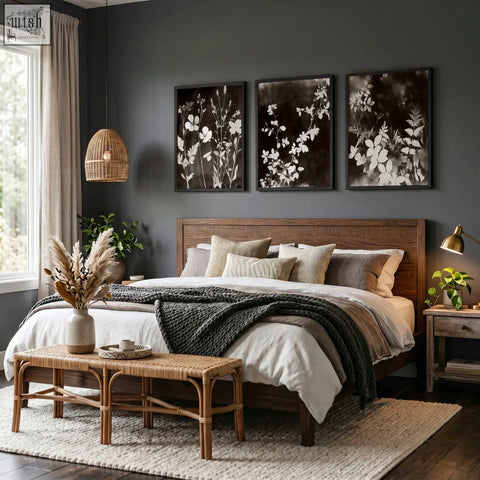 Rustic wooden bed with dark brown black headboard and woven rattan bench in room with nature painting dark botanical art prints