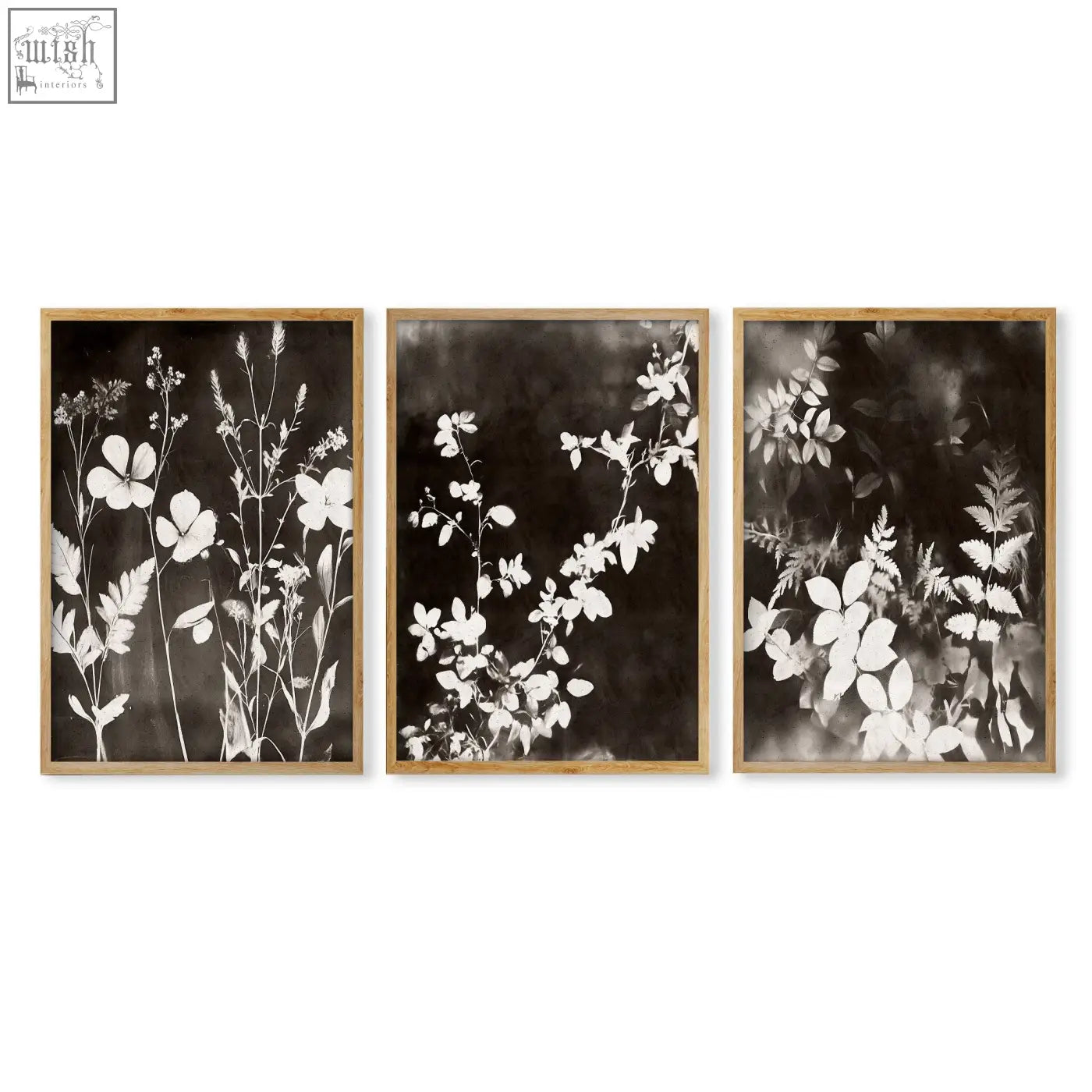Set of 3 nature painting art prints with delicate white floral silhouettes in light wood frames on dark brown-black background