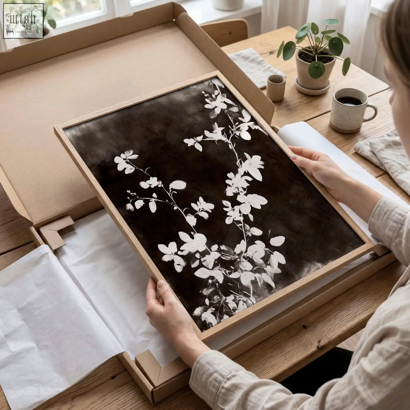 Minimalist wooden framed nature painting art prints with white botanical silhouettes on dark brown black background set of 3