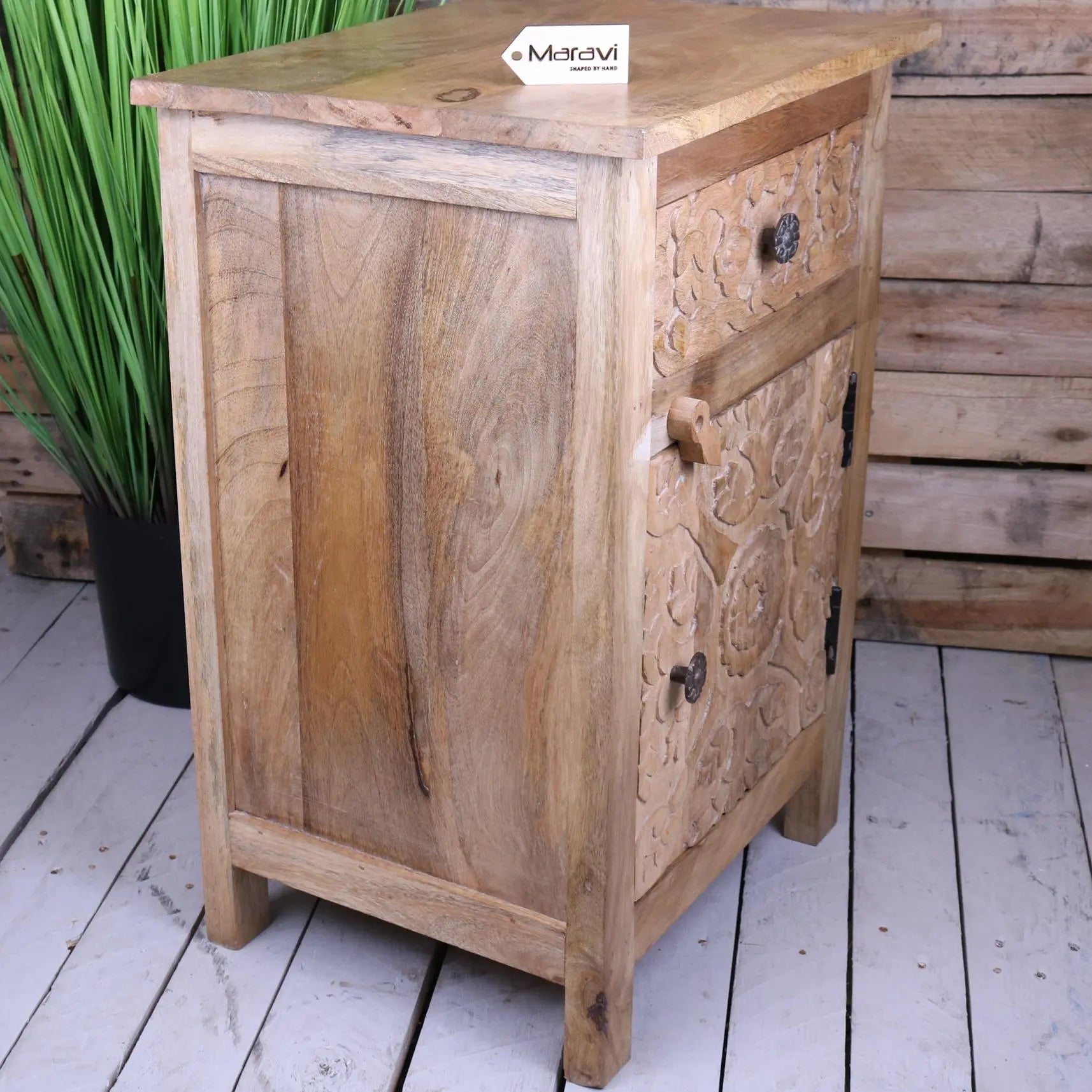Nausel mango wood bedside cabinet with hand carved floral patterns and natural finish wood bedside for bedroom use