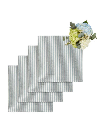 Set of four light gray and white vertically striped cotton placemats from nautical daze table napkin collection