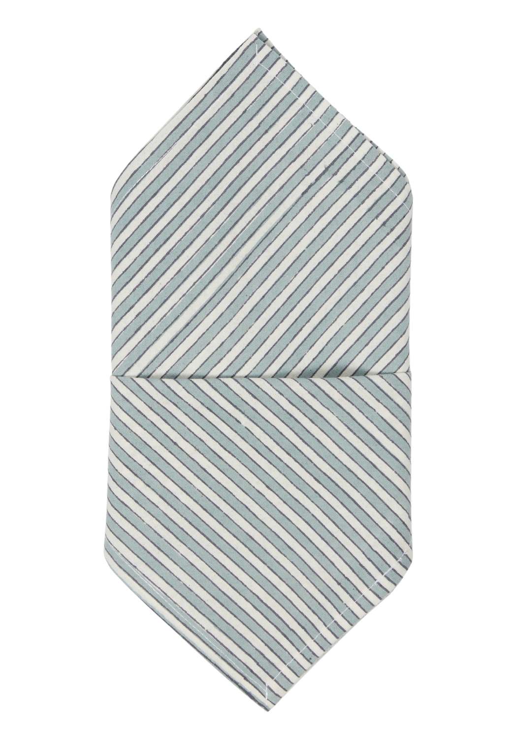 A neatly folded nautical daze table napkin set of 4 with soft gray and white diagonal stripes in lightweight fabric