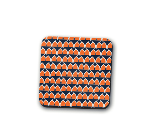 A square coaster with a navy blue and orange retro geometric pattern and white outlines perfect for table decor