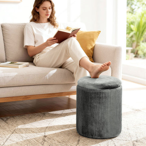 HOMCOM Storage Ottoman Modern Velvet Round Foot Stool for Living Room Bedroom 45 cm Grey